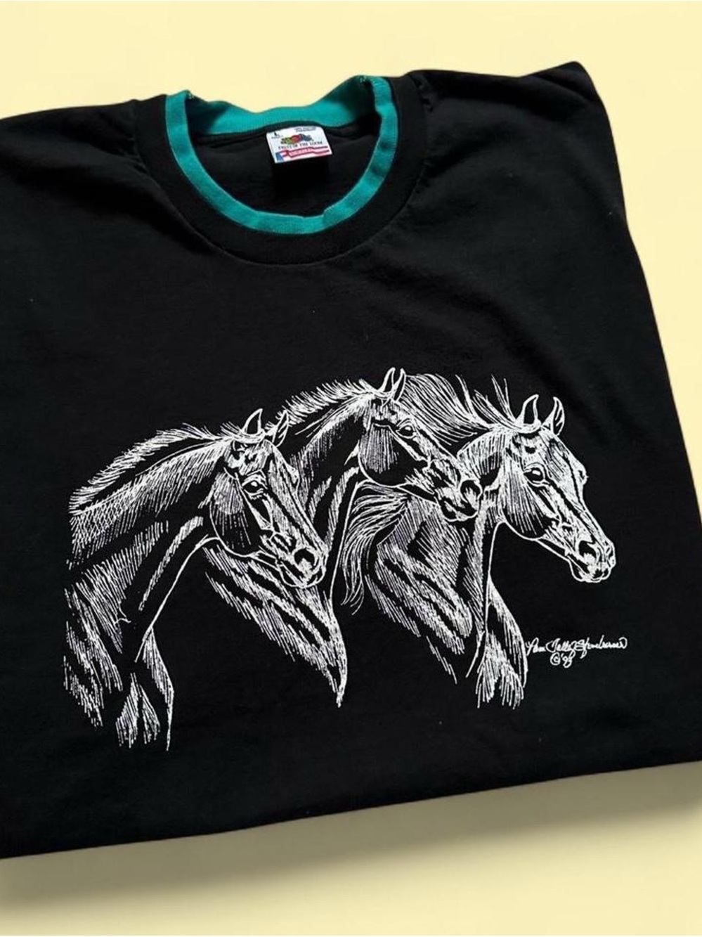 Vintage 1990s Western Black Graphic Horse Crewneck Shirt with Teal Trim L